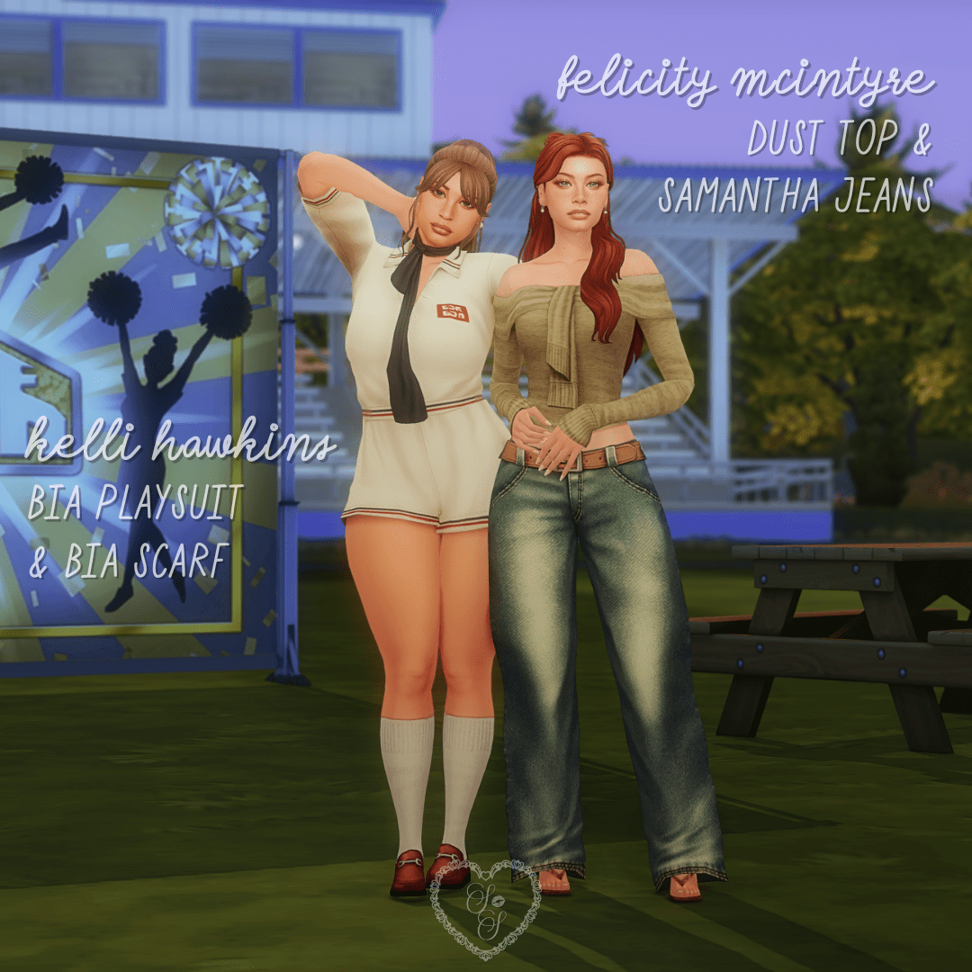 Two Sims pose by a cheer poster backdrop—one in a varsity playsuit with knee socks, the other in relaxed denim and a trendy off-shoulder top.