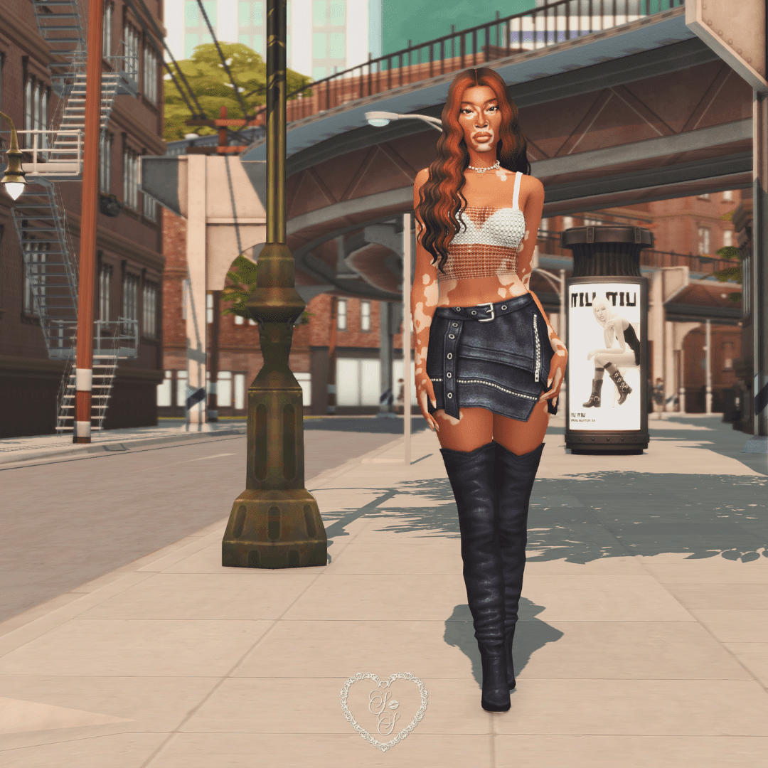Sim walking through a city scene wearing a rhinestone top, mini skirt, and thigh-high boots, exuding model-off-duty energy.