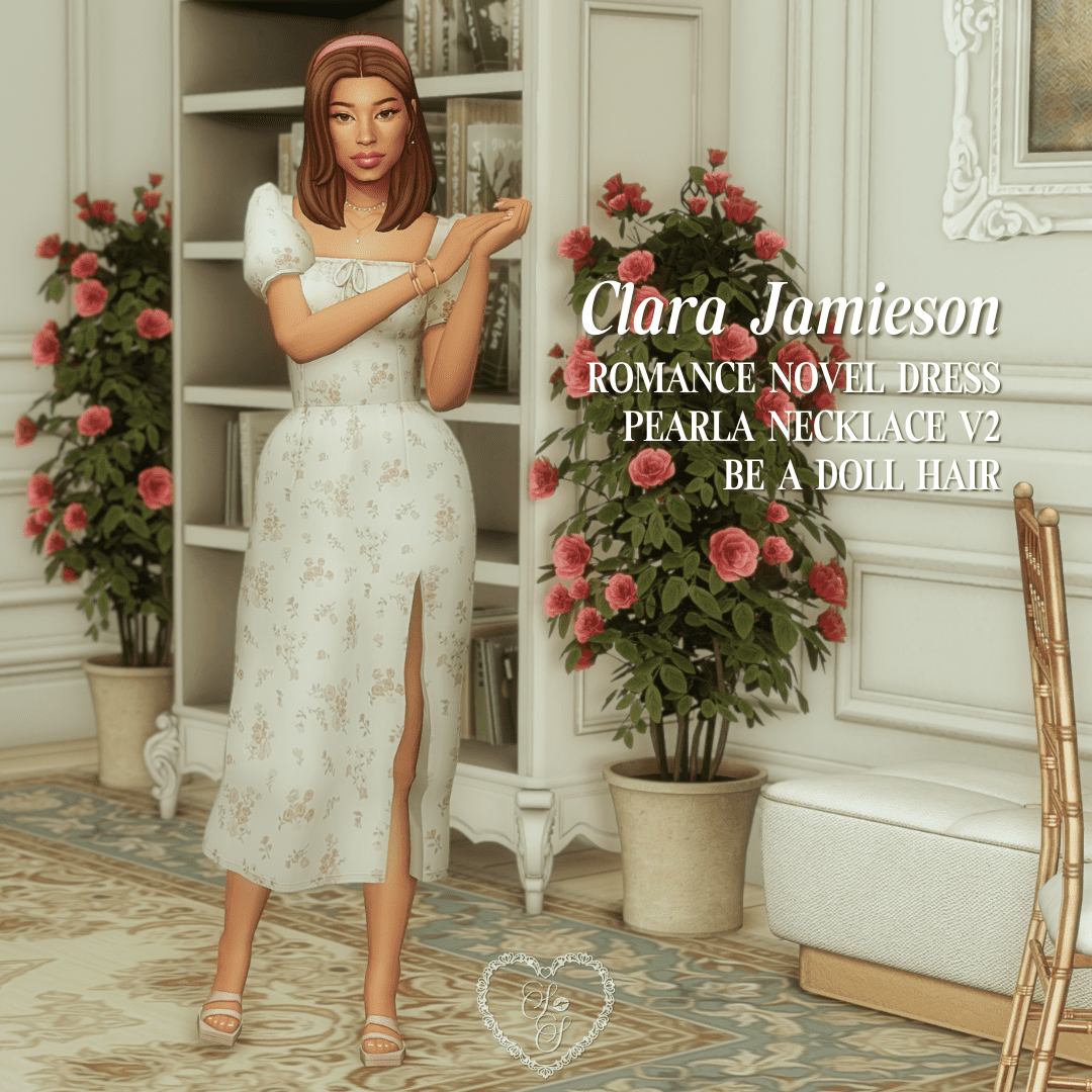 Clara wears a white floral midi dress with puff sleeves and a soft pink headband, posed beside a bookcase and blooming roses. A perfect Sims 4 cottagecore aesthetic.