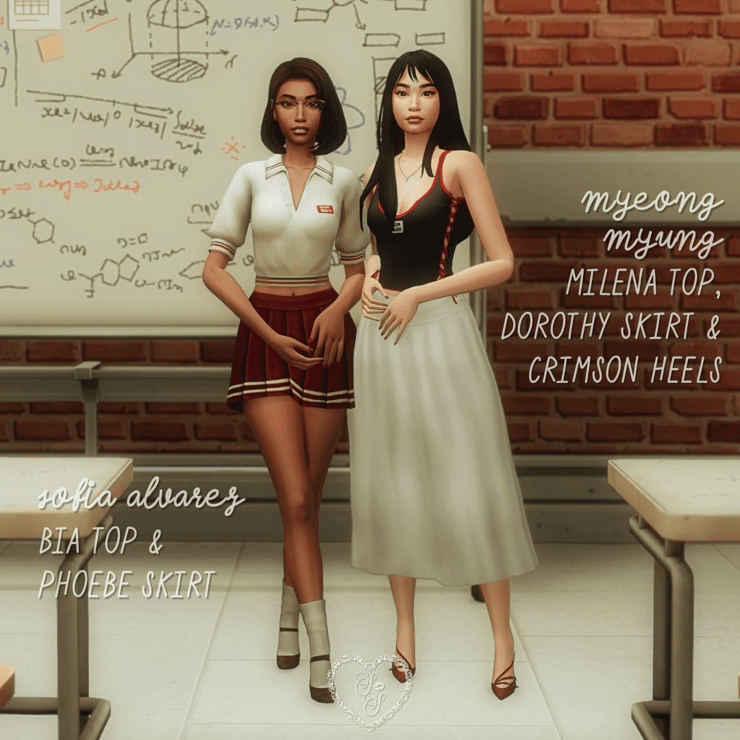 In a school hallway, one Sim rocks a pleated uniform skirt and top while the other pairs a long flowing skirt with a sultry cami and red heels.