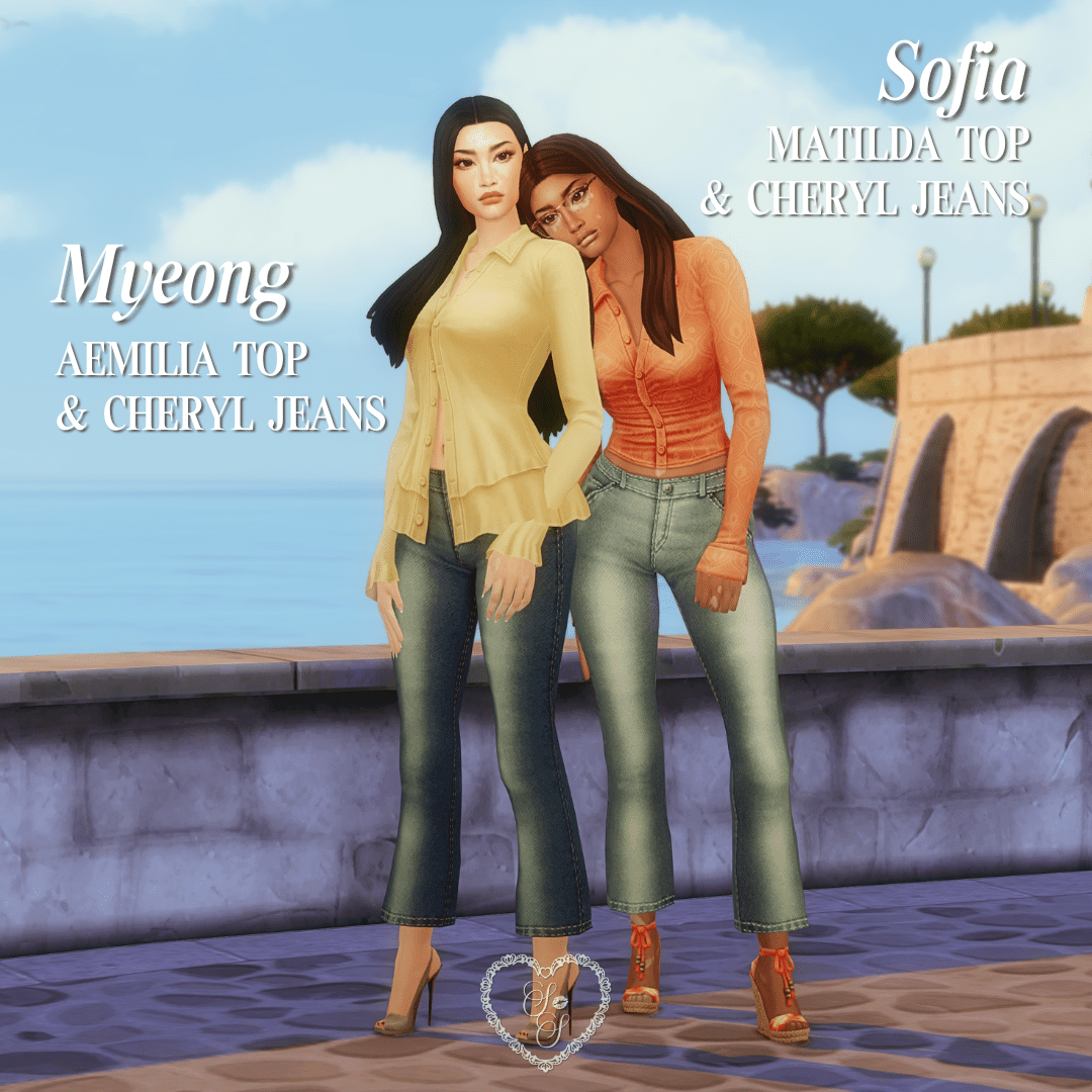 Two Sims stand close together wearing soft orange and yellow blouses with jeans, set against a romantic Sims 4 coastal backdrop with a bridge and water.
