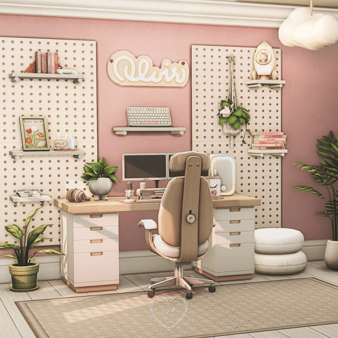 Front view of the Pink Cozy Gamer Room desk area featuring a plush chair, pegboard shelving with books and plants, and a neon sign that reads “bliss.”