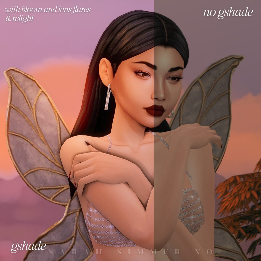 Half-and-half comparison image of a dark-haired fairy Sim with a moody pink sky in the background, showing Gshade glow versus no preset.