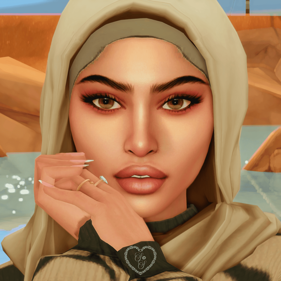 A detailed portrait of Yasmin Abu-Saleh in Sims 4, featuring warm eyeshadow, glowing skin, and a hand delicately raised near her cheek.