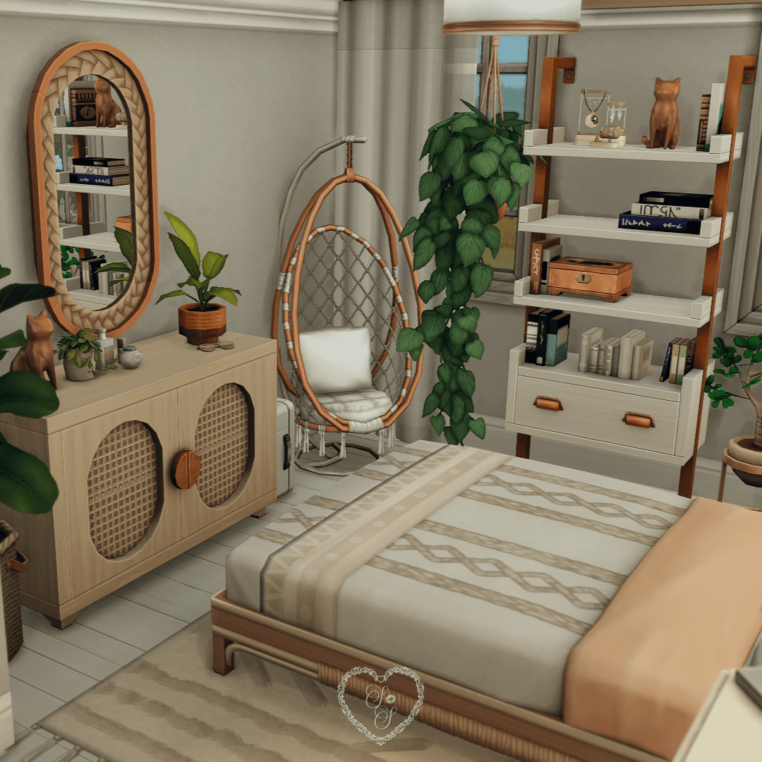 An earthy-toned guest or young adult bedroom with rattan accents, a cozy egg chair, bookshelf, and leafy houseplants.