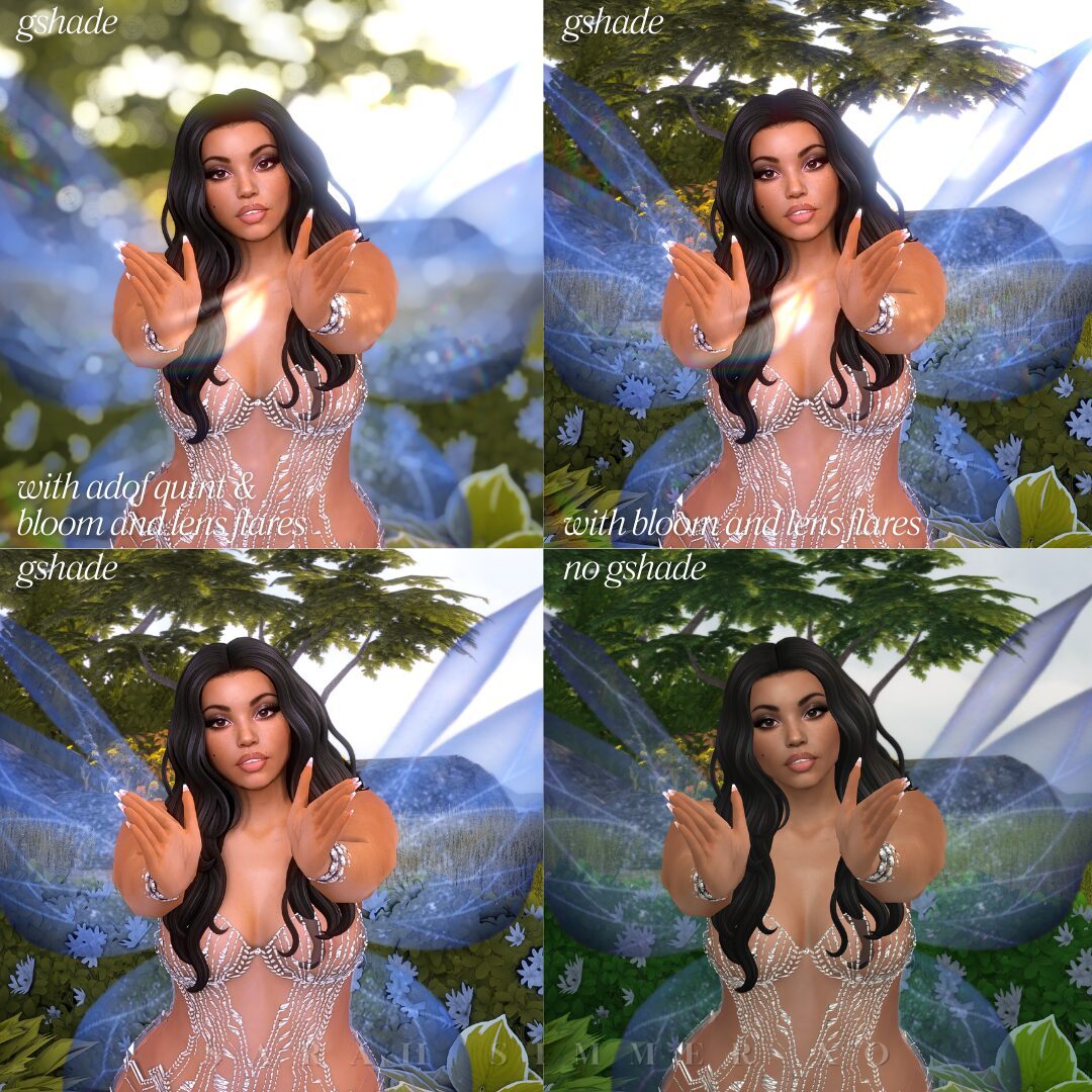 Four-image comparison of a fairy Sim casting a spell, demonstrating Adof Quint, bloom, and lens flares effects with and without Gshade.