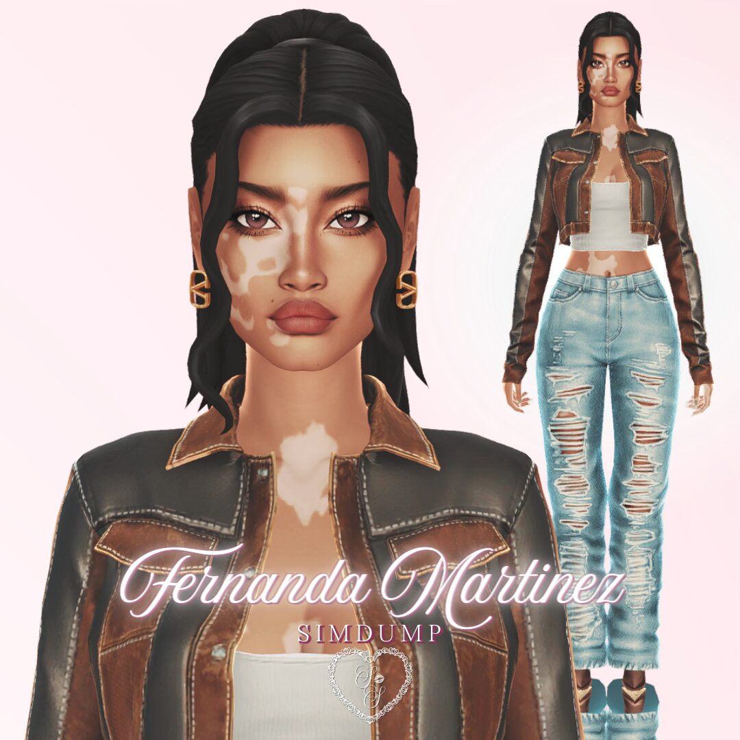 Fernanda Martinez is styled in a cropped leather jacket and ripped jeans, with bold makeup and her vitiligo pattern visible on her face and hands.