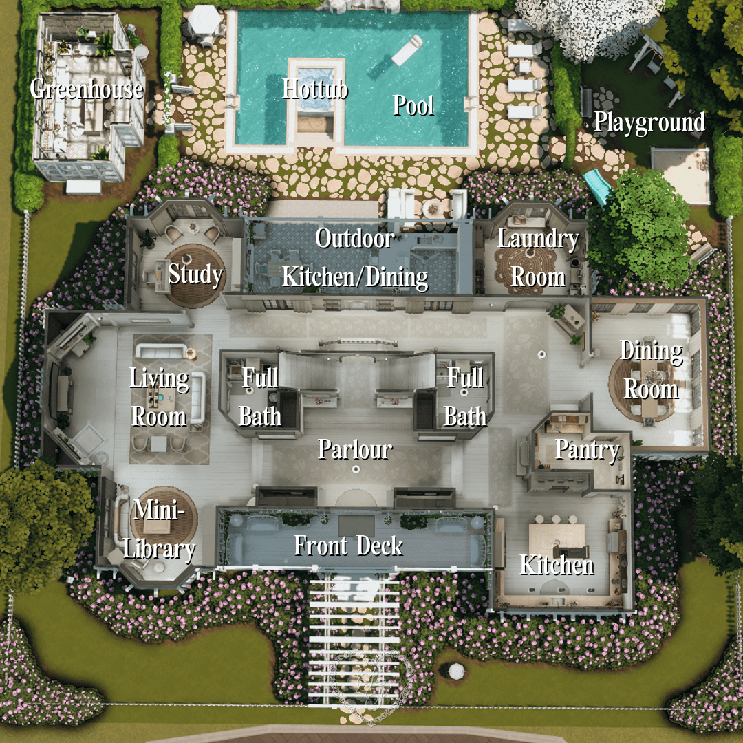 Detailed floor plan of the first floor including the greenhouse, mini-library, kitchen, and outdoor dining space.
