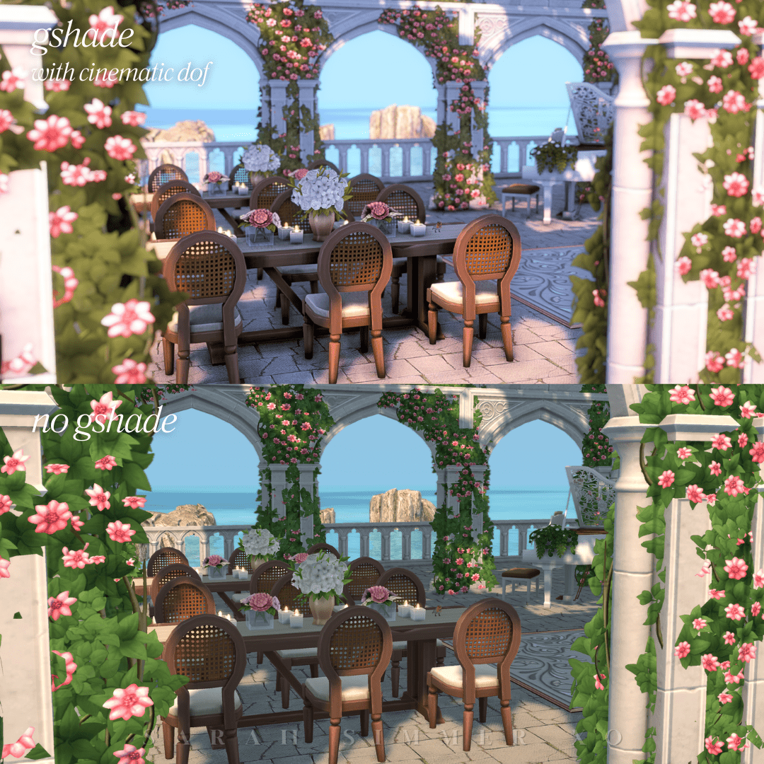White grand piano beneath archways covered in pink roses at sunset, glowing warmly under Gshade with soft DOF and bloom.