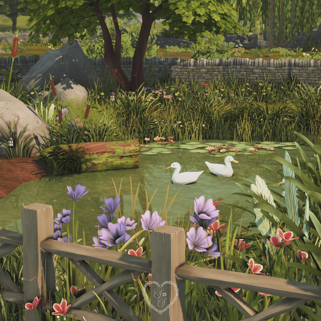 Two white ducks float peacefully on a lily-covered pond surrounded by wildflowers and rustic fencing, adding charm to this countryside homestead.