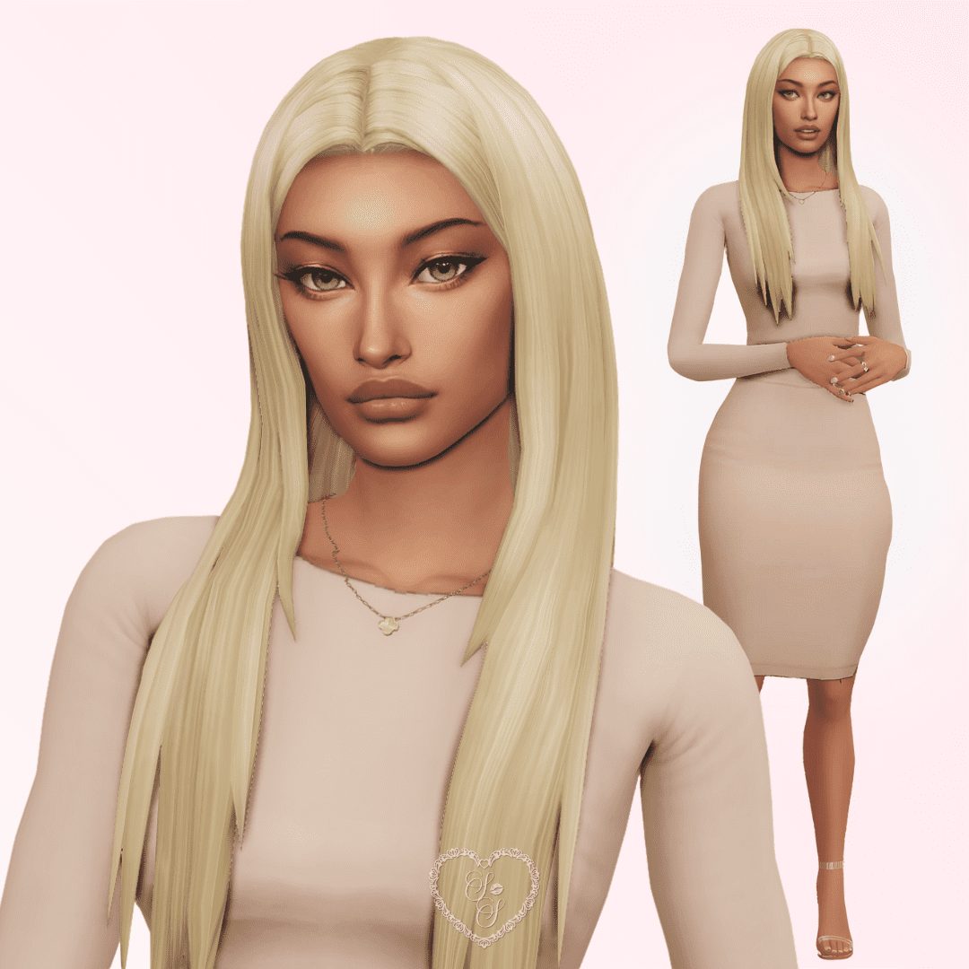 Sims 4 Sim Lori Ashby wearing a form-fitting nude pink dress with a soft neutral background—styled in her soft girl aesthetic.