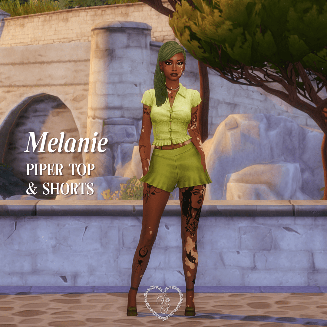 A stylish Sim with vitiligo poses confidently in a lime green button-up top and matching shorts, standing in front of a stone bridge and trees.