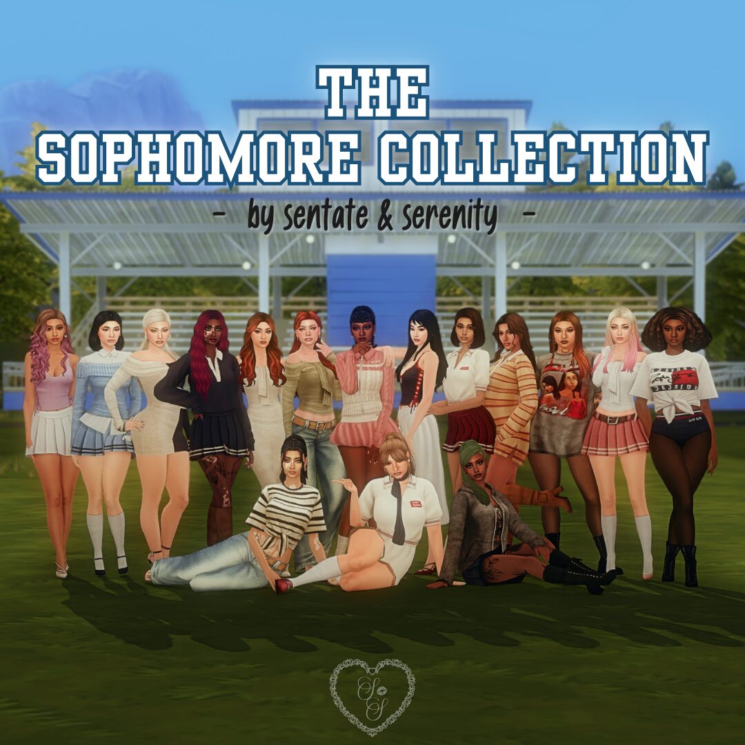 All 16 Sims from The Sophomore Collection by Sentate & Serenity pose in front of a school bleacher backdrop, showing off their mix-and-match preppy outfits for a Sims 4 lookbook.
