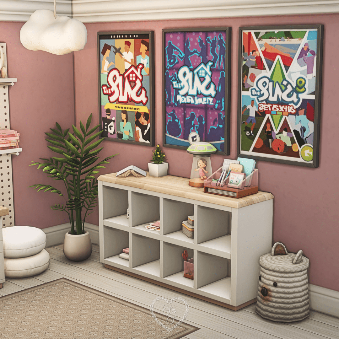 Cubby shelf with cozy decor and Sims-inspired posters on a pink wall. A glowing lamp, mini figurines, and plants bring a warm gaming vibe to the space.