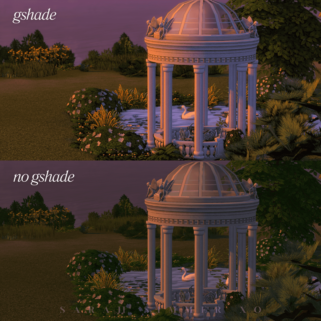 Sims 4 garden scene featuring a glowing white gazebo and swan pond at dusk, shown with and without the Celestial Glow Gshade preset.