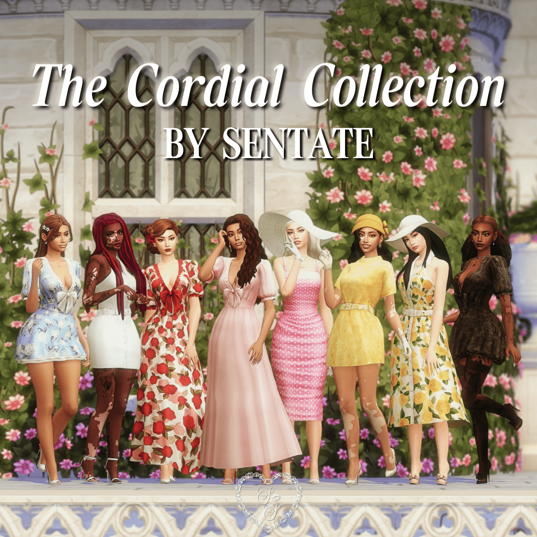 A group of eight Sims styled in floral and vintage-inspired CC dresses from The Cordial Collection by Sentate, posed in front of the La Vie En Rose Wedding Castle.