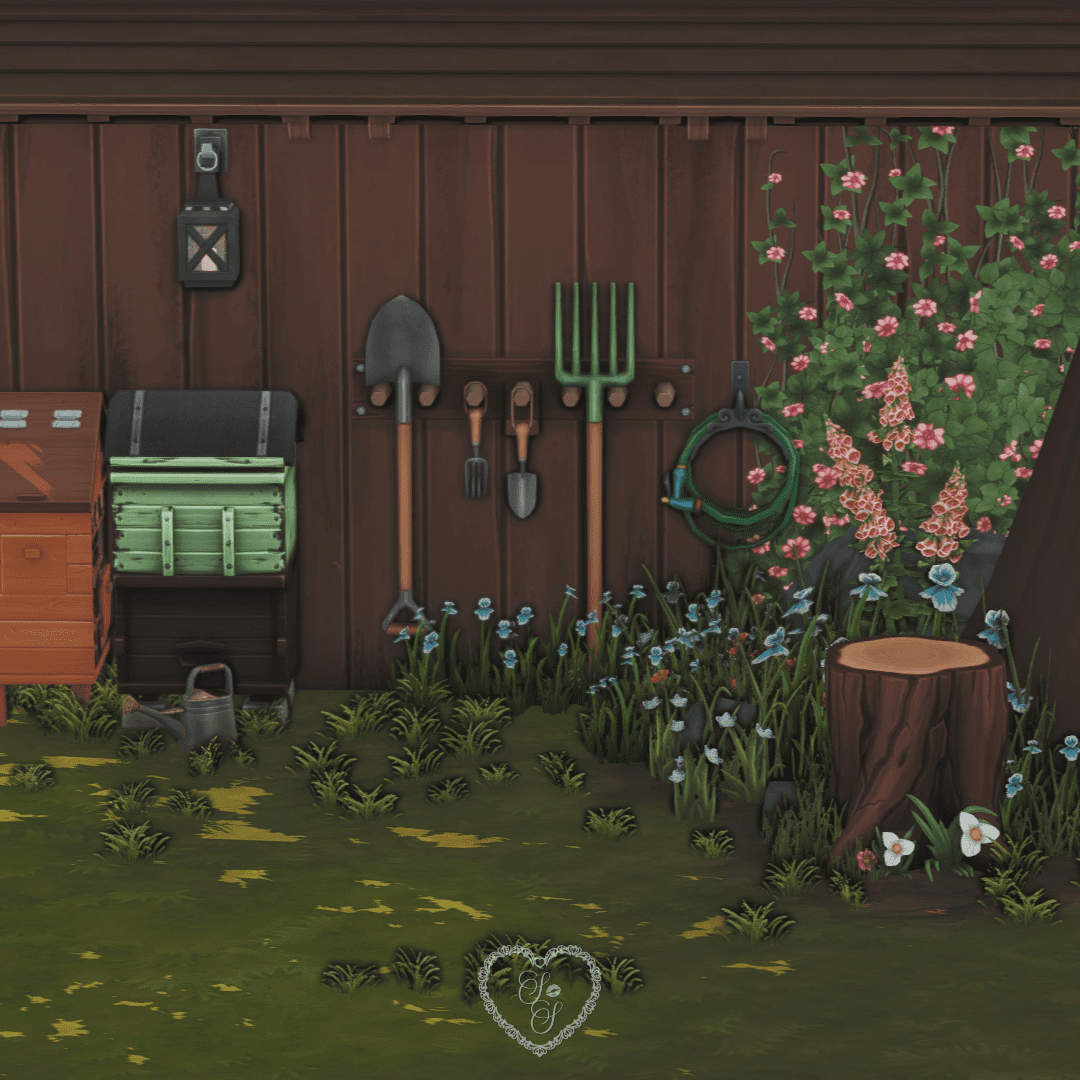 Garden shed wall filled with tools, planters, and overgrown blooms—complete with a watering can and storage trunks for the perfect outdoor nook.