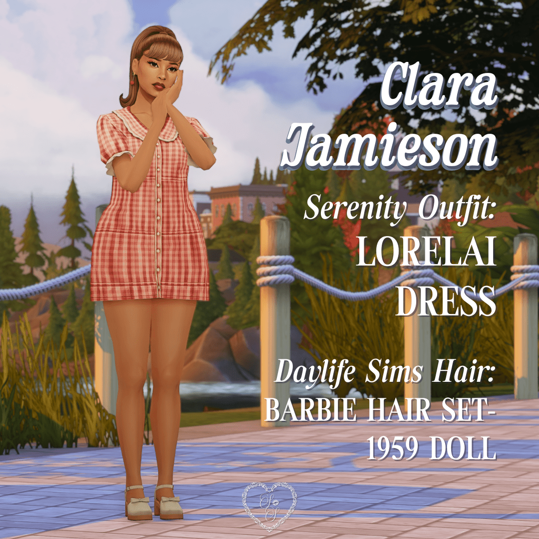 Clara Jamieson wears a red gingham button-down dress with soft vintage flair, styled with a ponytail and loafers against a lakeside backdrop.