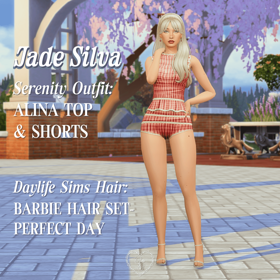 Jade Silva wears a gingham matching set from the Sims 4 Camelia Set, styled with long platinum waves and a coquette spring vibe.