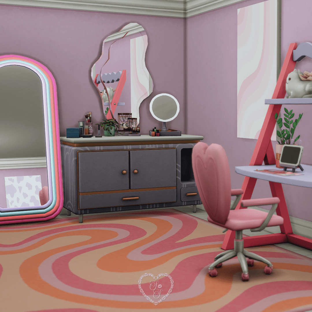A chic corner of a teen bedroom with a pink heart chair, vanity mirror, and pastel wall art over a retro swirled rug.