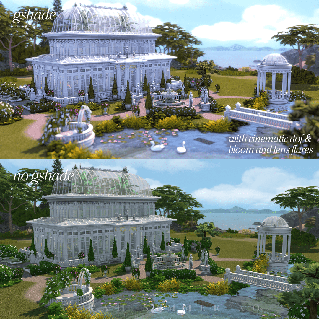 Large glass conservatory build in The Sims 4 shown with and without Gshade; image highlights the difference in clarity, bloom, and vibrant color grading.