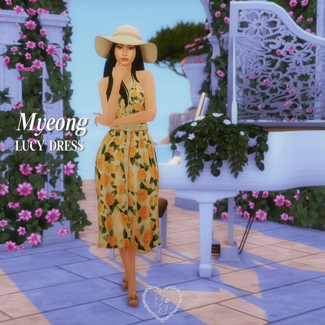 Myeong poses beside a white piano in a yellow rose-print halter dress with a wide-brim hat, radiating soft garden party vibes.