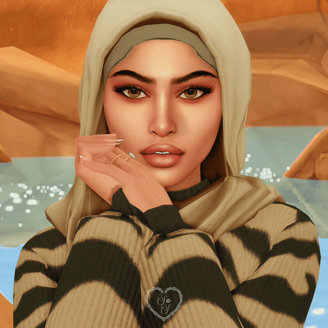 A close-up of Yasmin Abu-Saleh standing near sparkling water and desert rocks, showing off her flawless Sims 4 makeup and delicate gold rings.