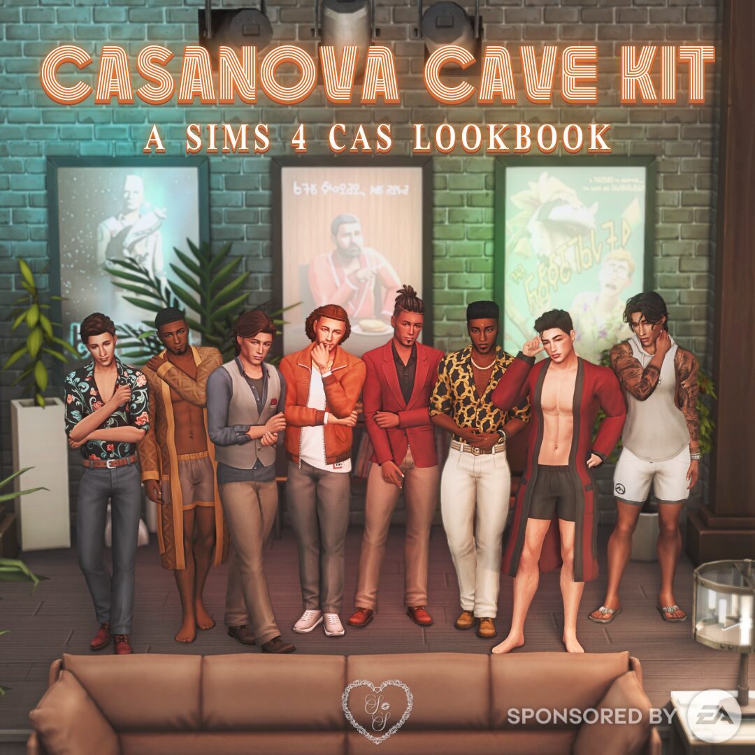 A group of nine masculine-frame Sims styled in Casanova Cave Kit CAS outfits, posing confidently in a cozy, moody lounge setting.