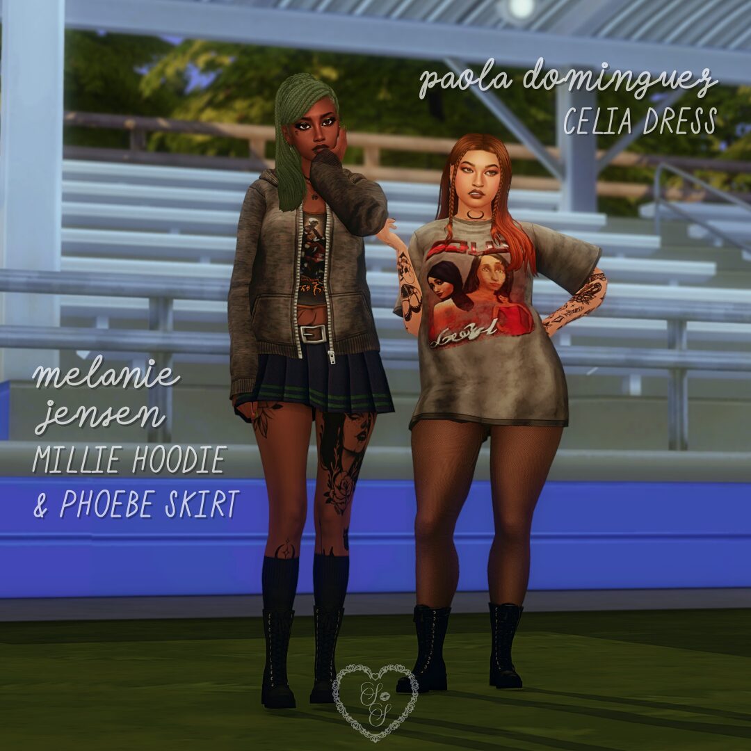 A Sims 4 pair poses under bleachers; one rocks a graphic tee dress with attitude, while the other leans into grunge-core with a pleated mini and hoodie combo.