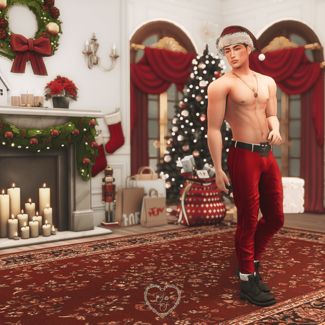 Taeyang Shin wears a shirtless Santa outfit beside a decorated tree and fireplace, surrounded by holiday gifts and candles. Sims 4 holiday sim download.