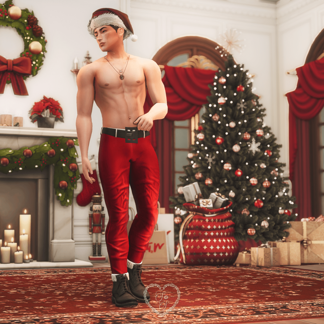Shirtless Taeyang Shin stands in profile, hand resting on his belt buckle, surrounded by elegant Christmas decor and wrapped gifts.
