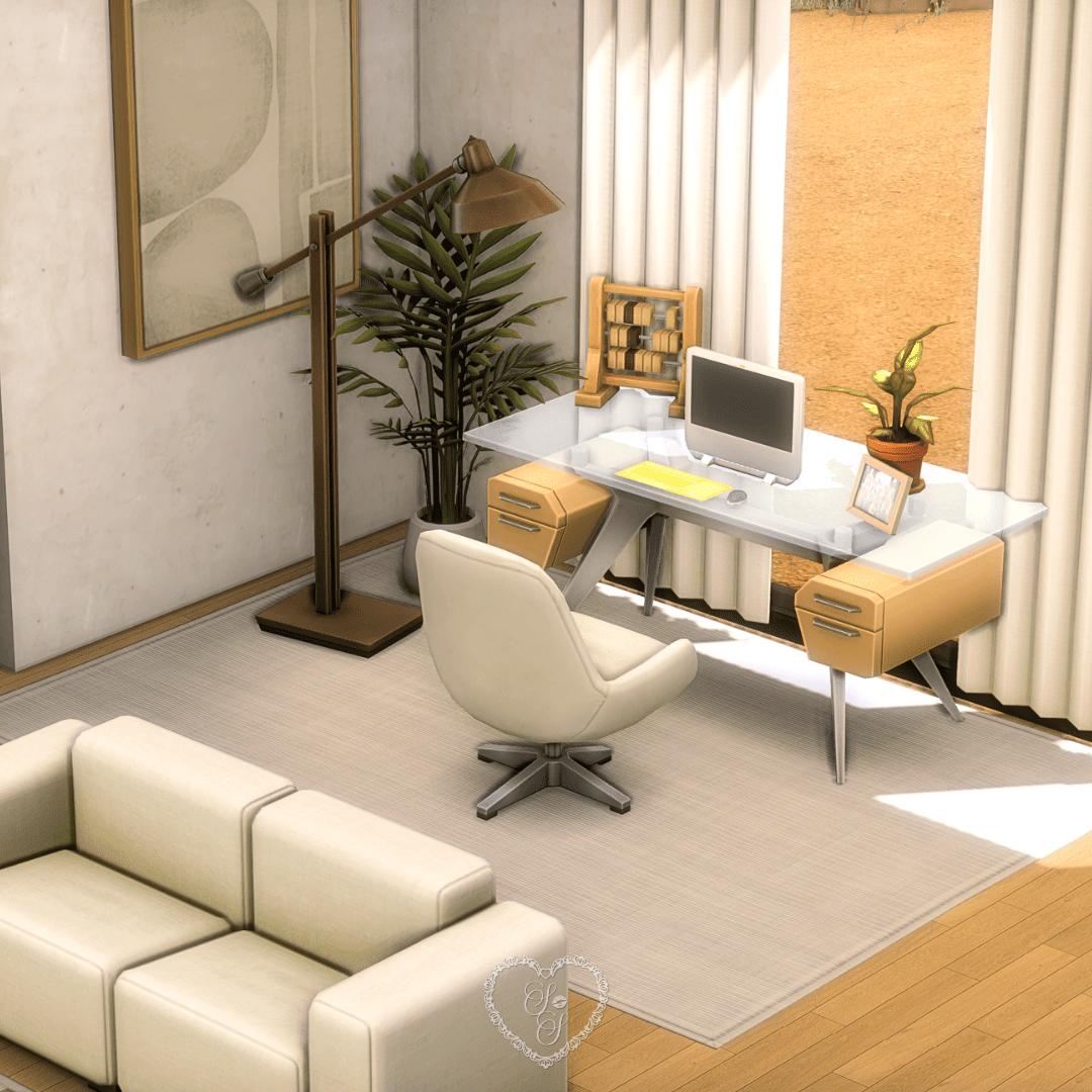 A sunlit office nook with a glass-top desk, computer, modern art, and greenery, blending seamlessly into the open-concept Refined Living Room.
