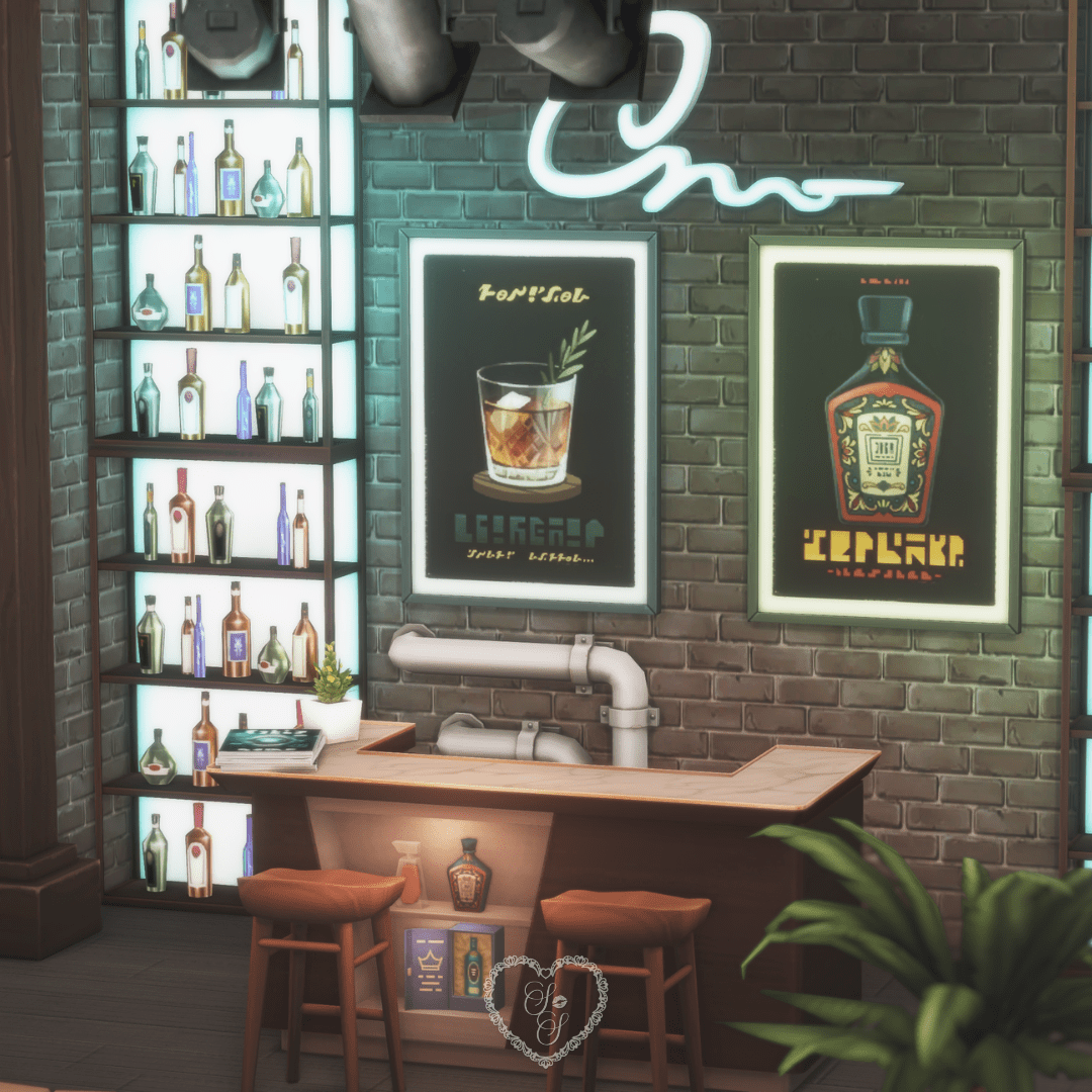 A close-up view of the bar in the Casanova’s Cave Sims 4 build, styled with warm lighting, two stools, and a mix of masculine textures.