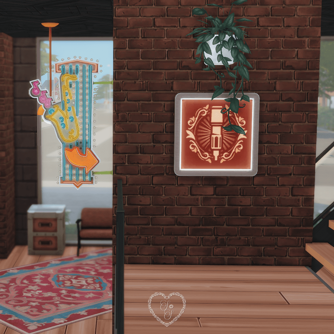 A vibrant saxophone neon and a glowing tattoo machine wall sign greet Sims as they enter the lobby of this bold, creative Sims 4 Tattoo Shop.