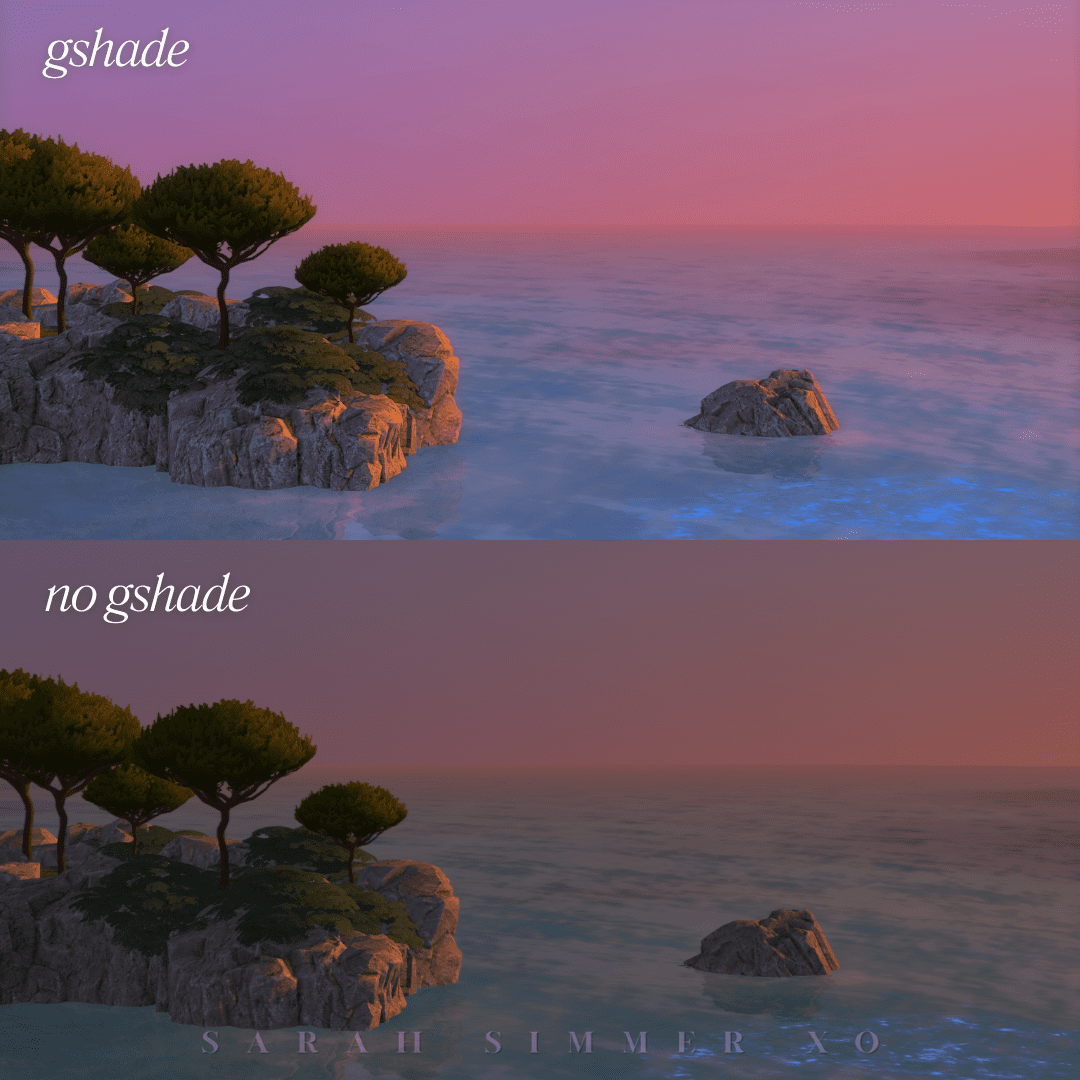 Small rocky island surrounded by ocean at sunset; Gshade version adds dreamy purple hues and subtle shoreline glow.