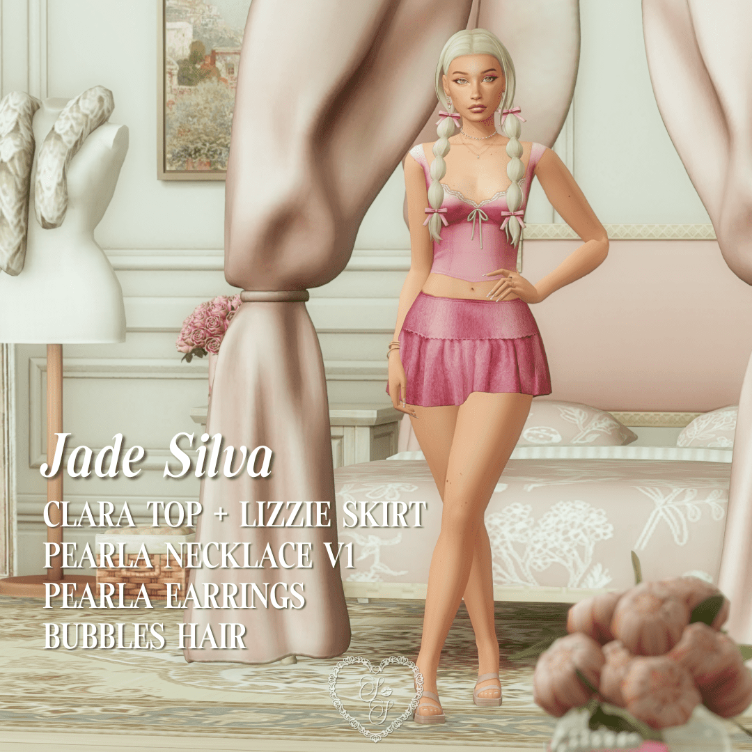 Jade poses confidently in a pink corset-style top with a ruffle mini skirt and long bubble braids, surrounded by soft romantic bedroom décor.