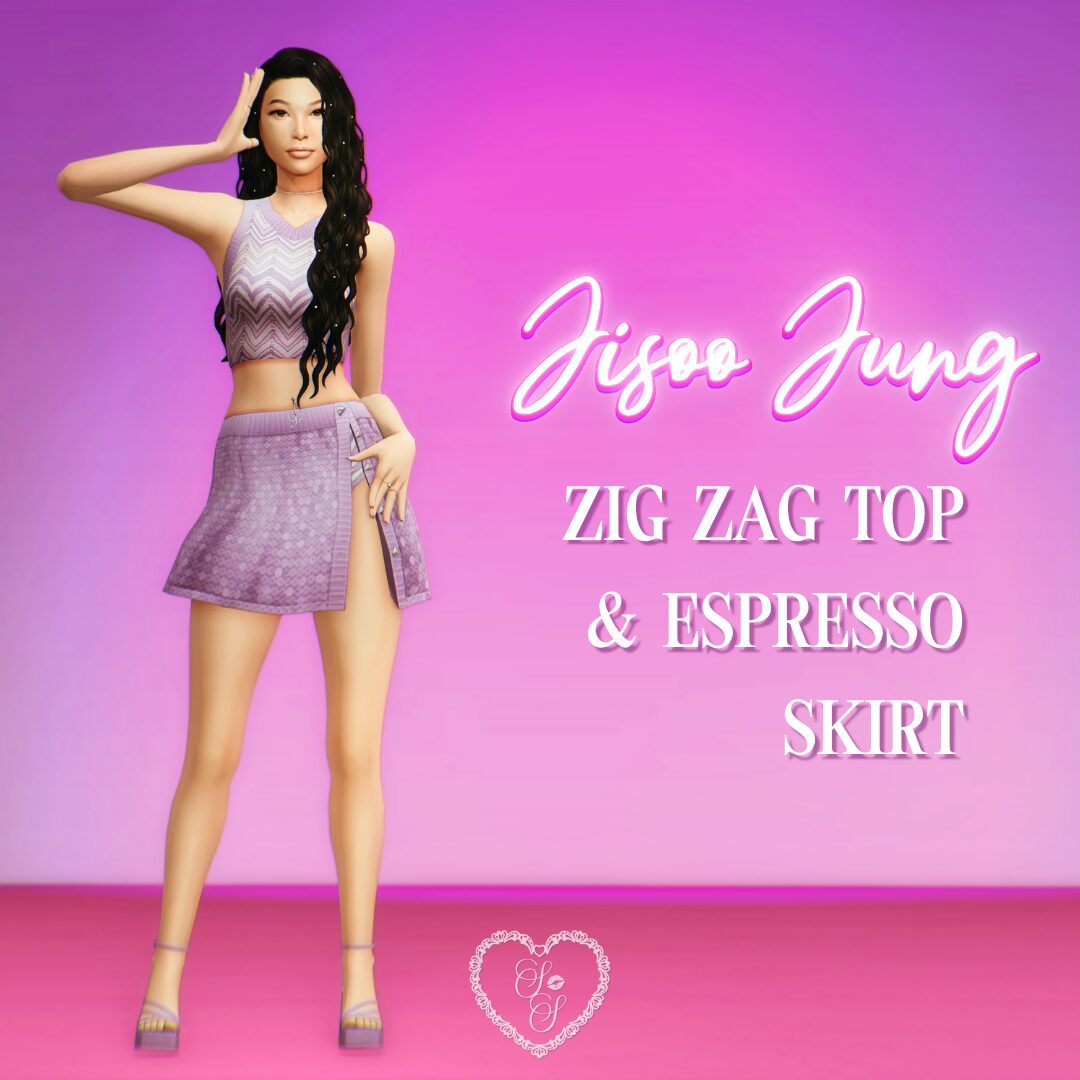 Sims 4 character Jisoo Jung wears a lavender zig-zag crop top and textured mini skirt in this dreamy CC look from the Short ‘n Sweet collection.