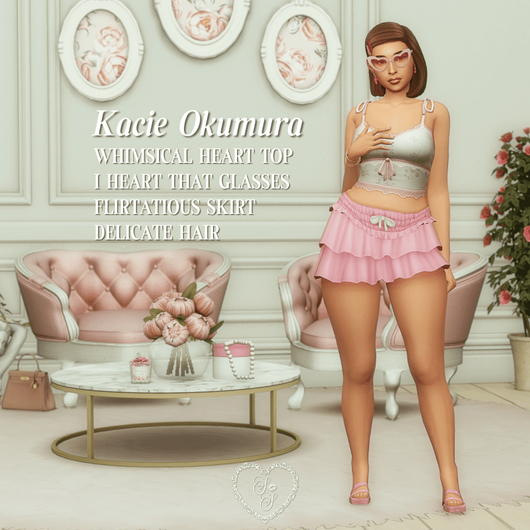 Kacie shows off a playful coquette vibe with heart-shaped sunglasses, a tiered pink mini skirt, and whimsical accessories in a plush pink lounge.