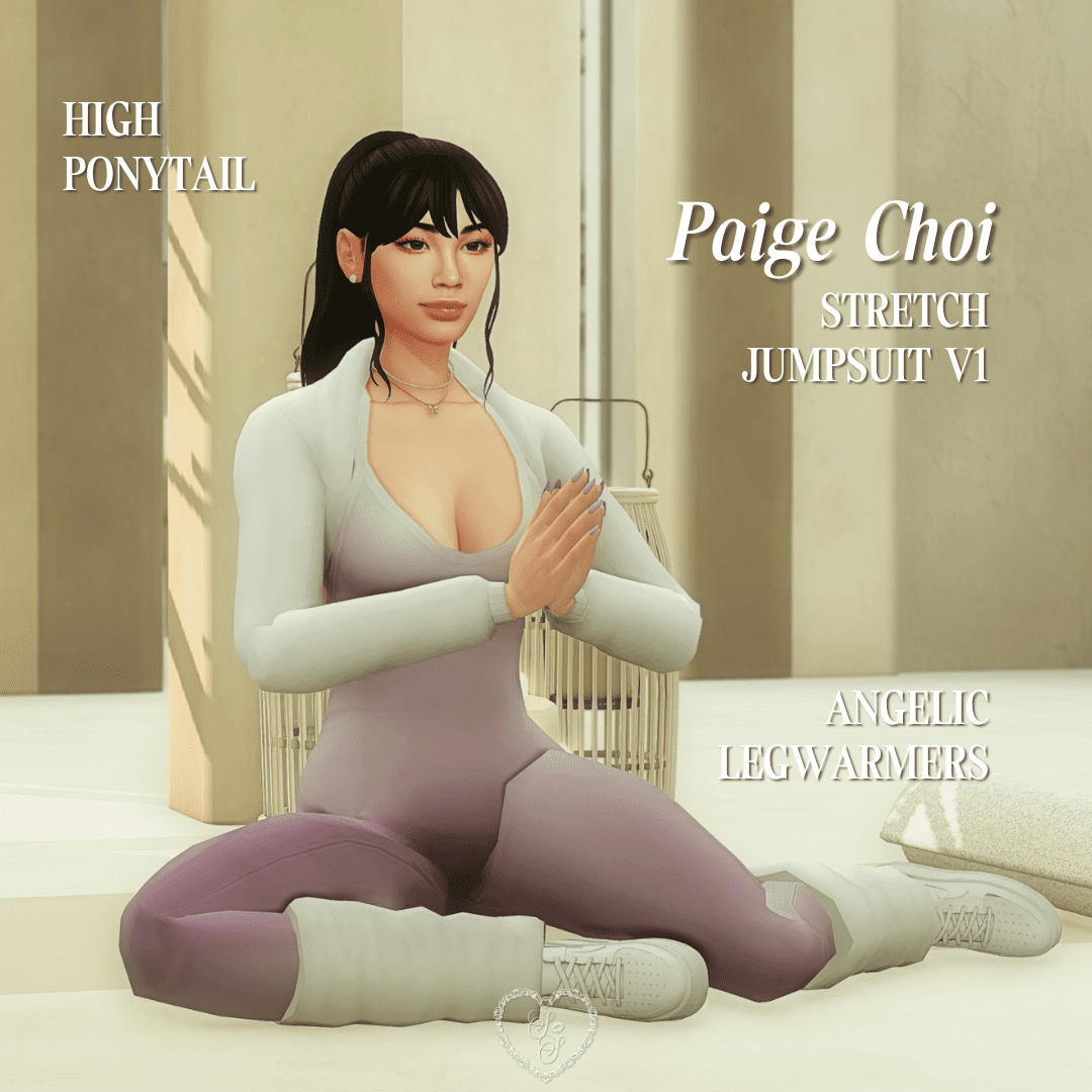 Sim Paige Choi sits cross-legged on a yoga mat in a soft lavender stretch jumpsuit and angelic legwarmers, wearing a high ponytail. She poses calmly in a peaceful studio with neutral tones and candles.