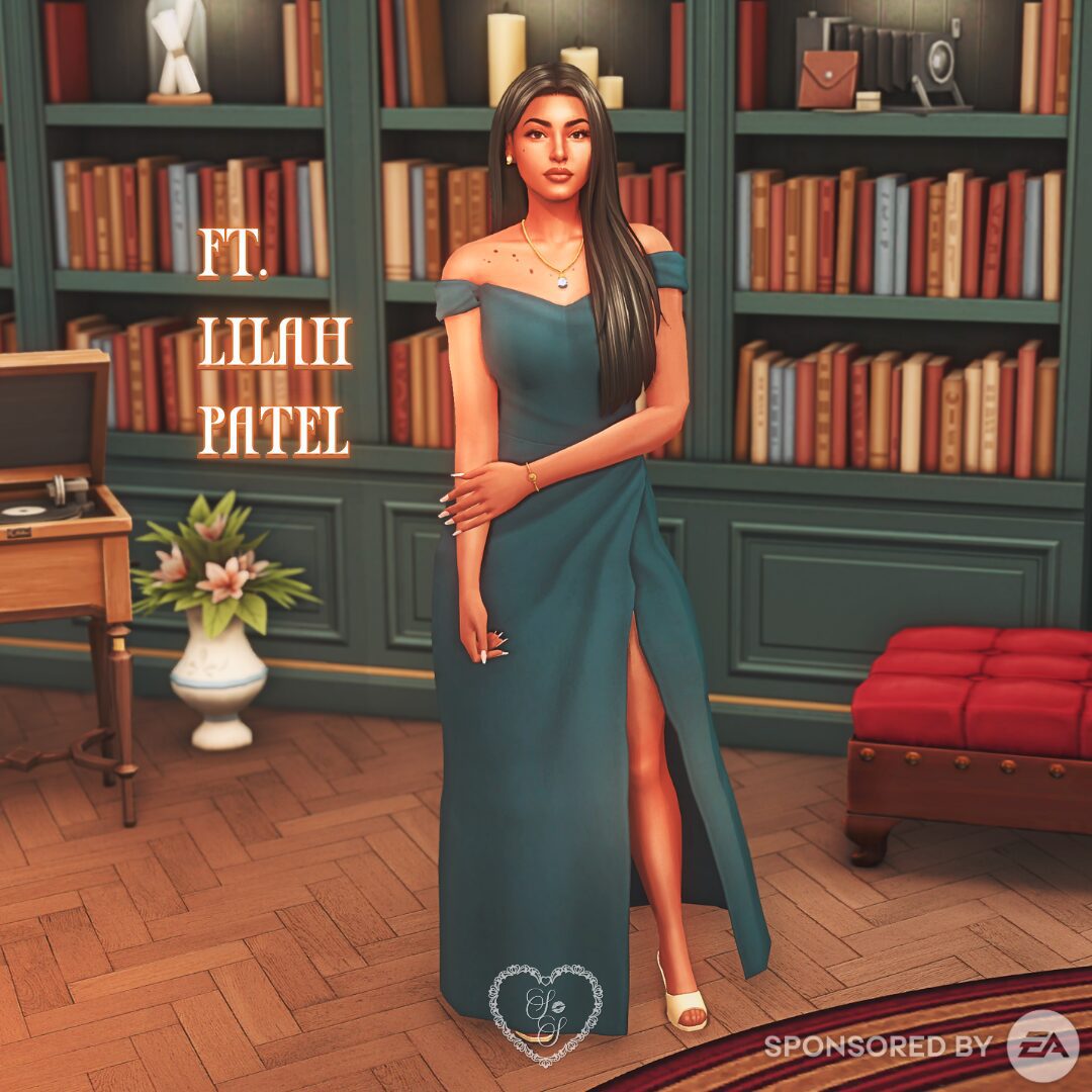 Lilah Patel leans slightly in front of tall bookshelves, wearing a teal off-shoulder evening dress with a leg slit, styled with sleek hair and gold accessories.