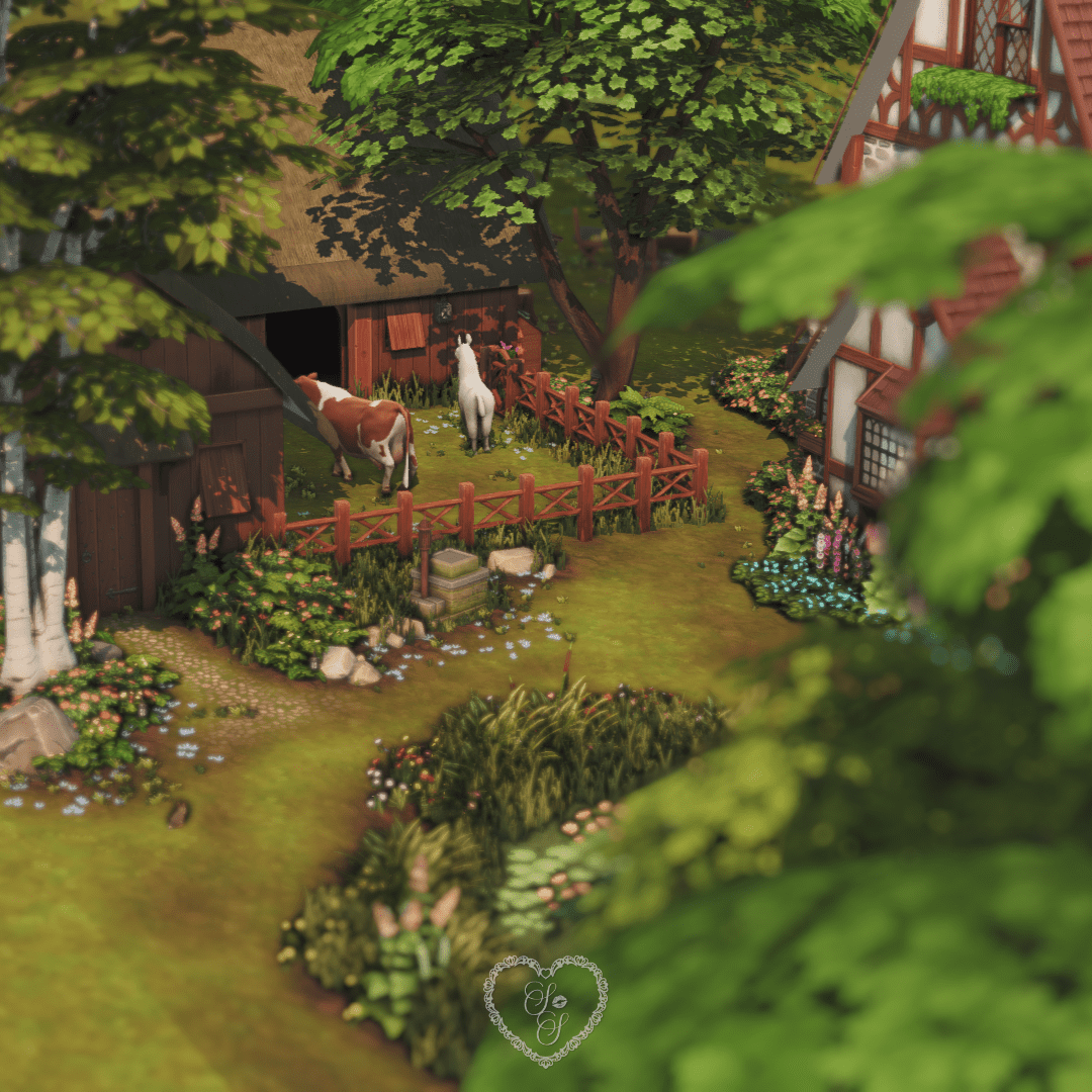 A peaceful barnyard scene with a llama and cow grazing near a stable, fenced in with red wood and surrounded by tall trees and flowers.