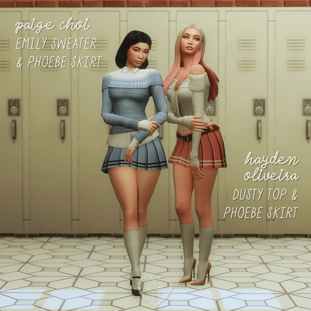 Sims 4 high-school fashion at its peak—two students pose in coordinating pleated skirts, one with a sweater and the other with an off-the-shoulder top.