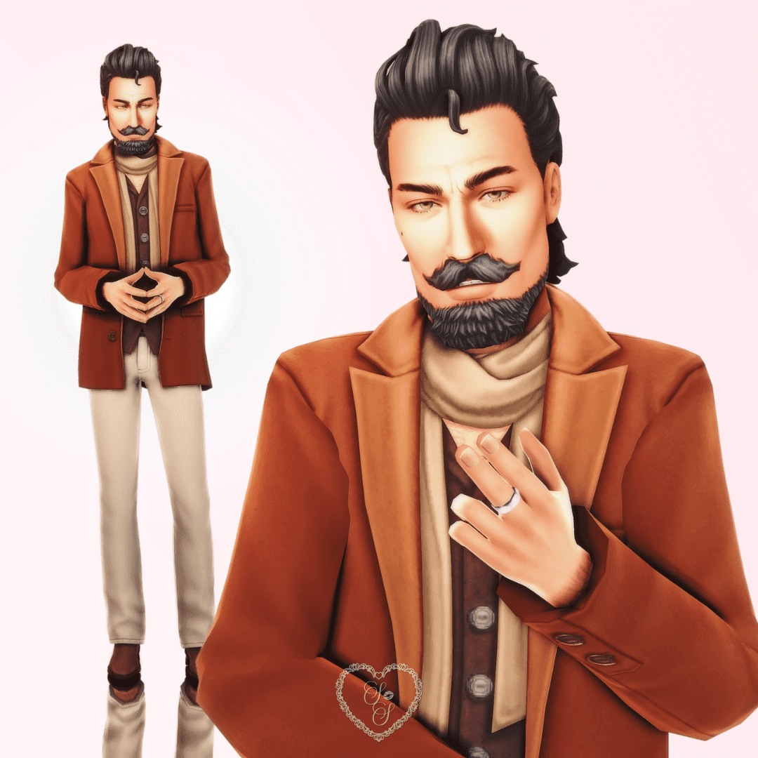Lyon Coffin, dressed in a rust-toned layered outfit, gazes charmingly with a confident smirk and hand gesture, exuding old-Hollywood energy.