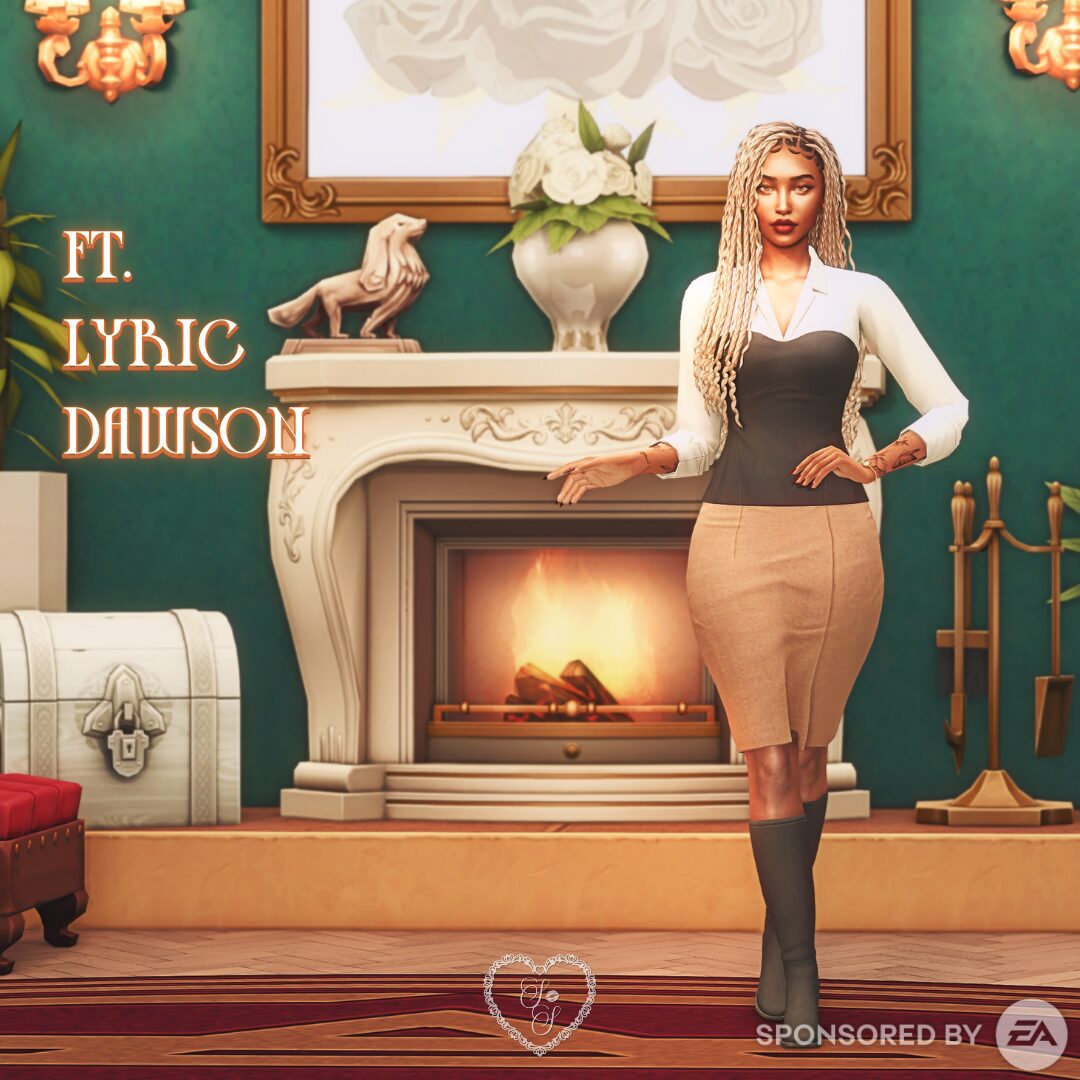Lyric Dawson poses in front of a lit fireplace in a form-fitting tan pencil skirt and a black-and-white corset blouse. Her look channels bold, high-powered business style.