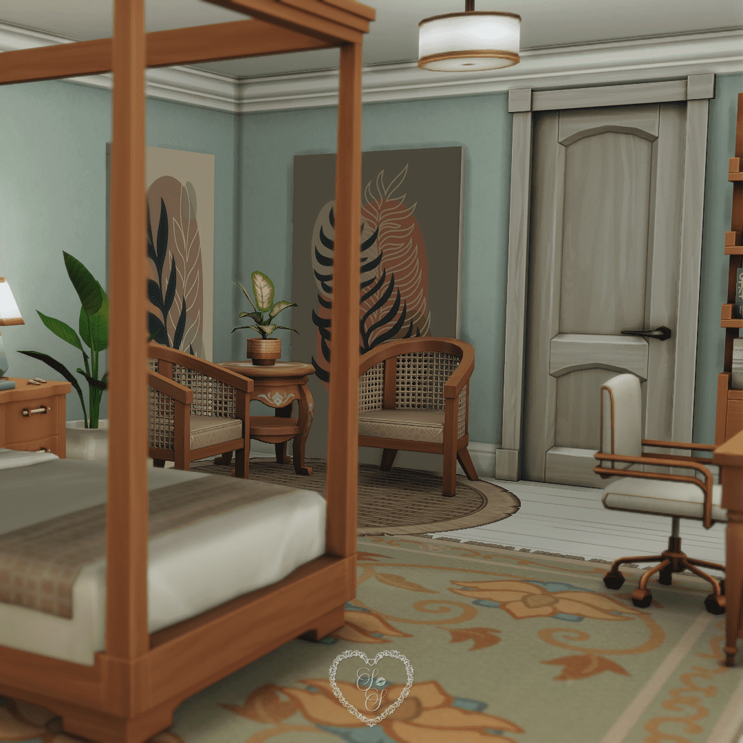 A calm, earthy-toned master bedroom with natural wood accents, curved armchairs, and soft botanical wall art.