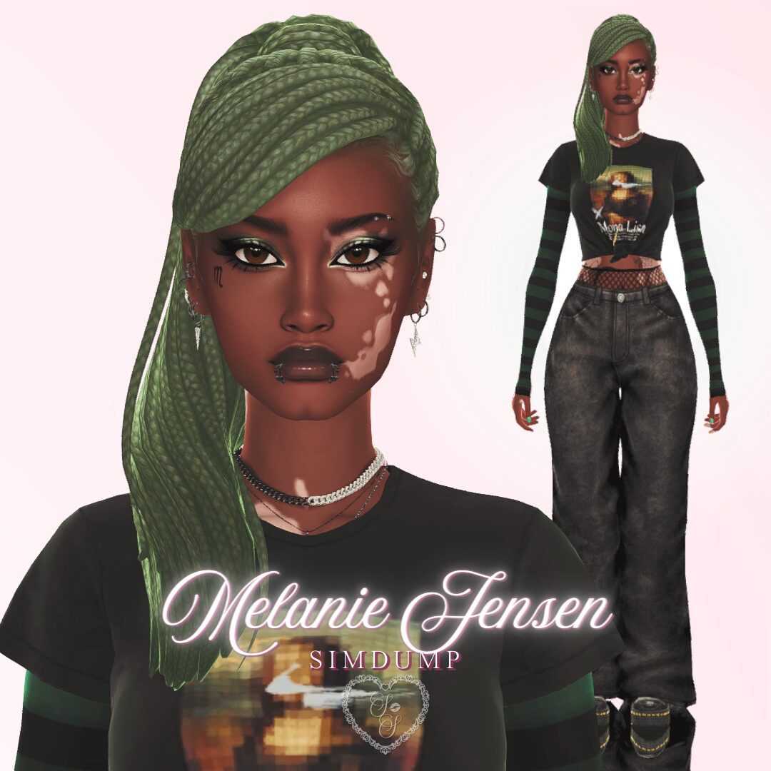 Melanie Jensen rocks a bold alt aesthetic with long green braids, facial piercings, and a graphic tee layered with striped sleeves.