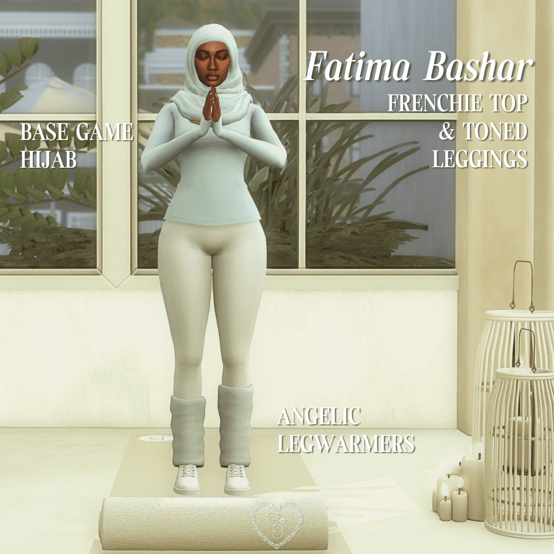 Sim Fatima Bashar stands in a prayer pose wearing a light blue Frenchie top and toned leggings, paired with a base game hijab and matching legwarmers. She radiates tranquility in a minimalistic studio space.