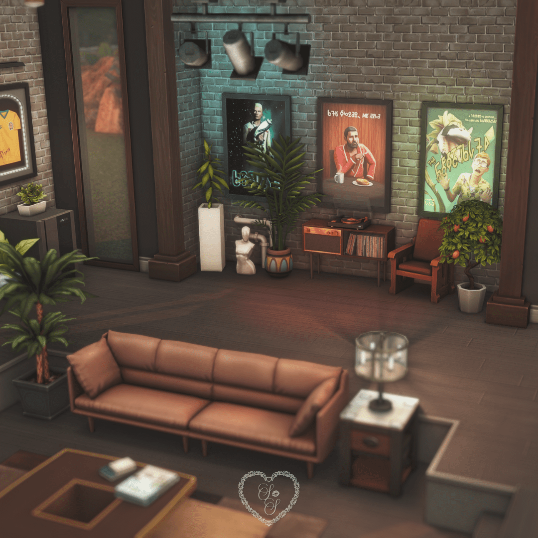 A masculine Sims 4 living room corner with a leather couch, exposed brick walls, bold artwork, and moody lighting from overhead fixtures.