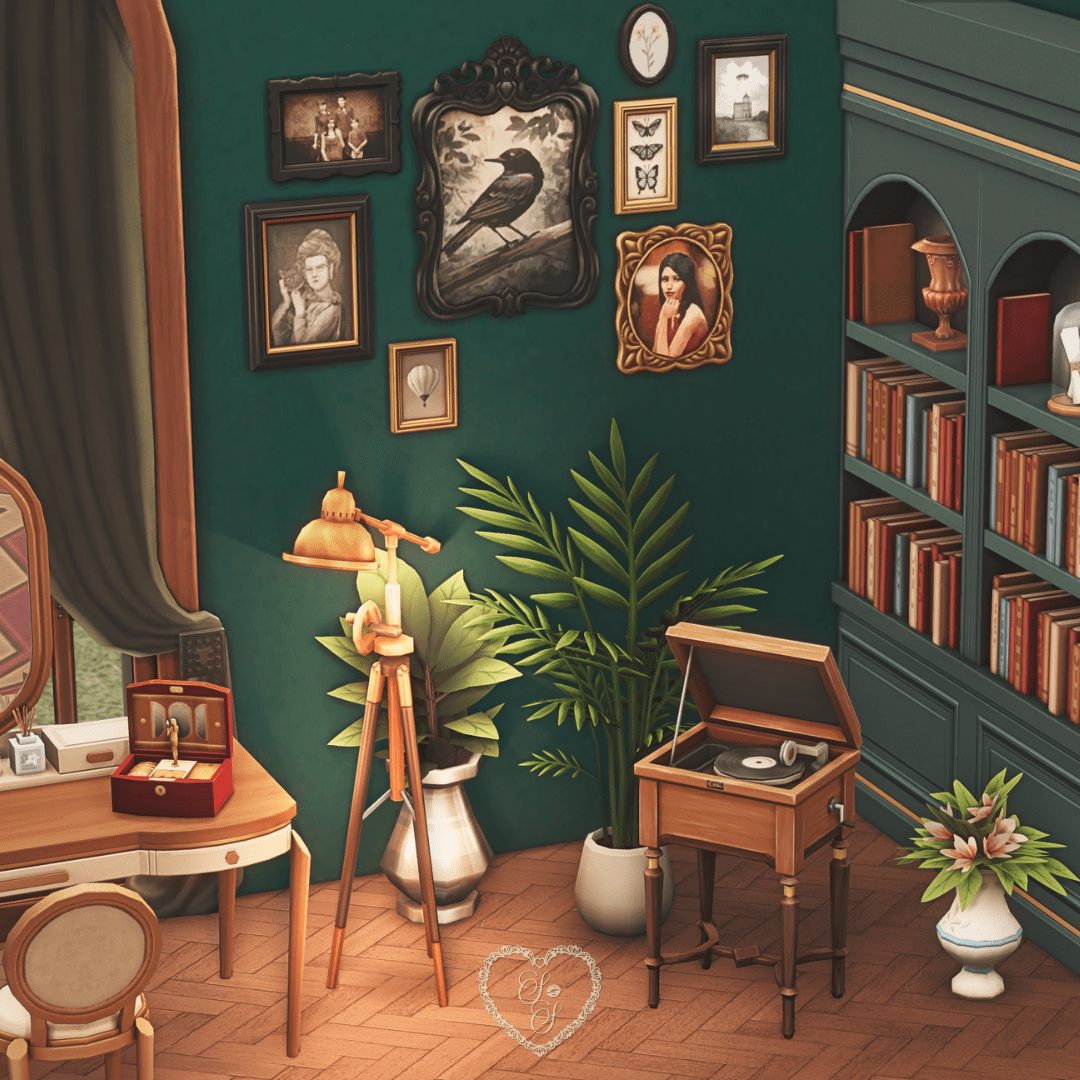 A cozy Sims 4 reading corner featuring an antique record player, large green plants, and ornate wall art from the Secret Sanctuary Kit.