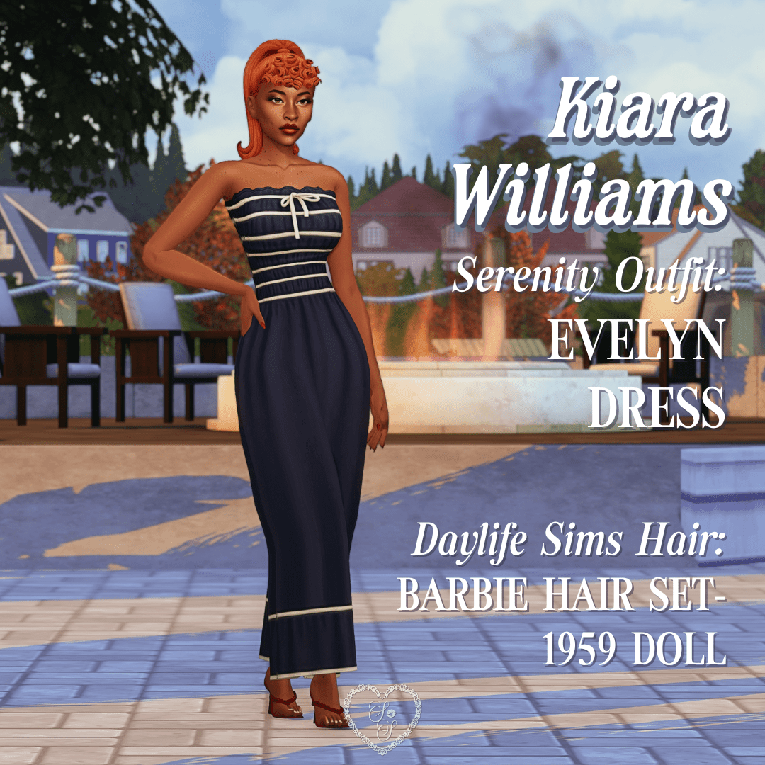 Kiara Williams stuns in a navy maxi dress from the Sims 4 Camelia Set, styled with the 1959 Doll hairstyle for a classic vintage glam moment.